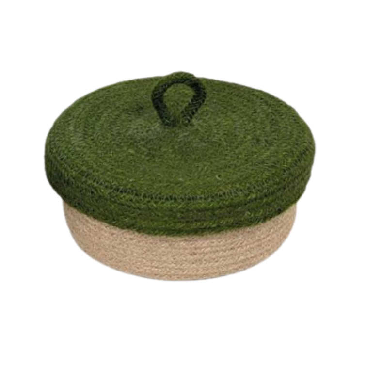Cesto con coperchio in juta verde | cesto artigianale in fobra naturale