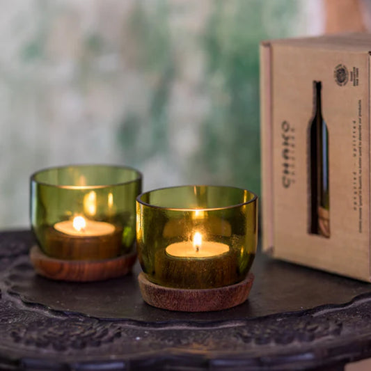 SET 2 PORTALUMINI TAA VETRO RICICLATO VERDE OLIVA | COD HUBAQTZ0010818