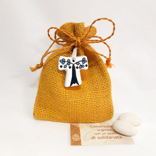 sacchettino portaconfetti in juta arancione per bomboniera solidale