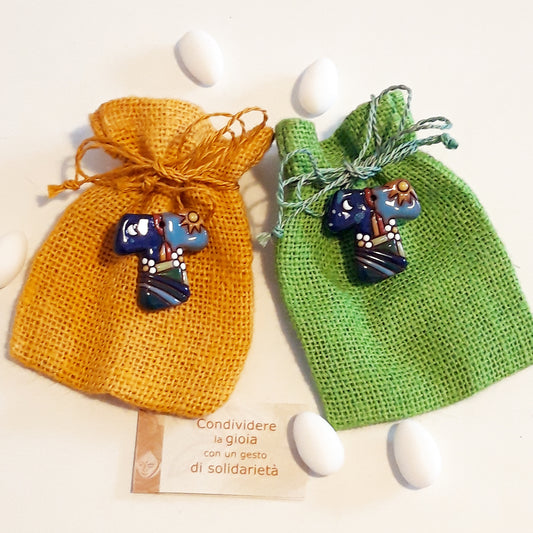 crocetta Tau Gioia decorativa di sacchettini portaconfetti bomboniere equosolidali Equomercato