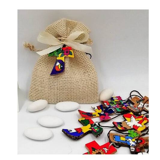 bomboniera solidale sacchettino con collana crocetta noce di cocco