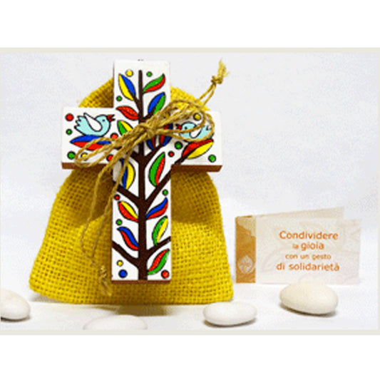 bomboniera solidale per comunione e cresima con croce decorata appendibile. Altromercato