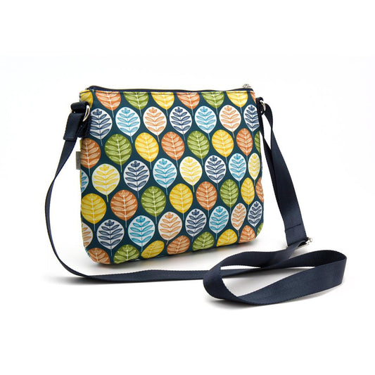 Borsa messenger artigianale blu con stampa foglie multicolore – equosolidale Vietnam