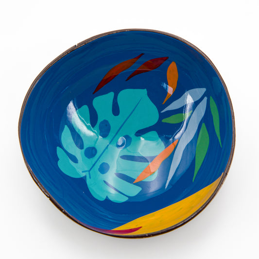 Interno ciotola Monstera azzurra di guscio di cocco decorata a mano da Craft Link Vietnam. per un regalo veramente solidale