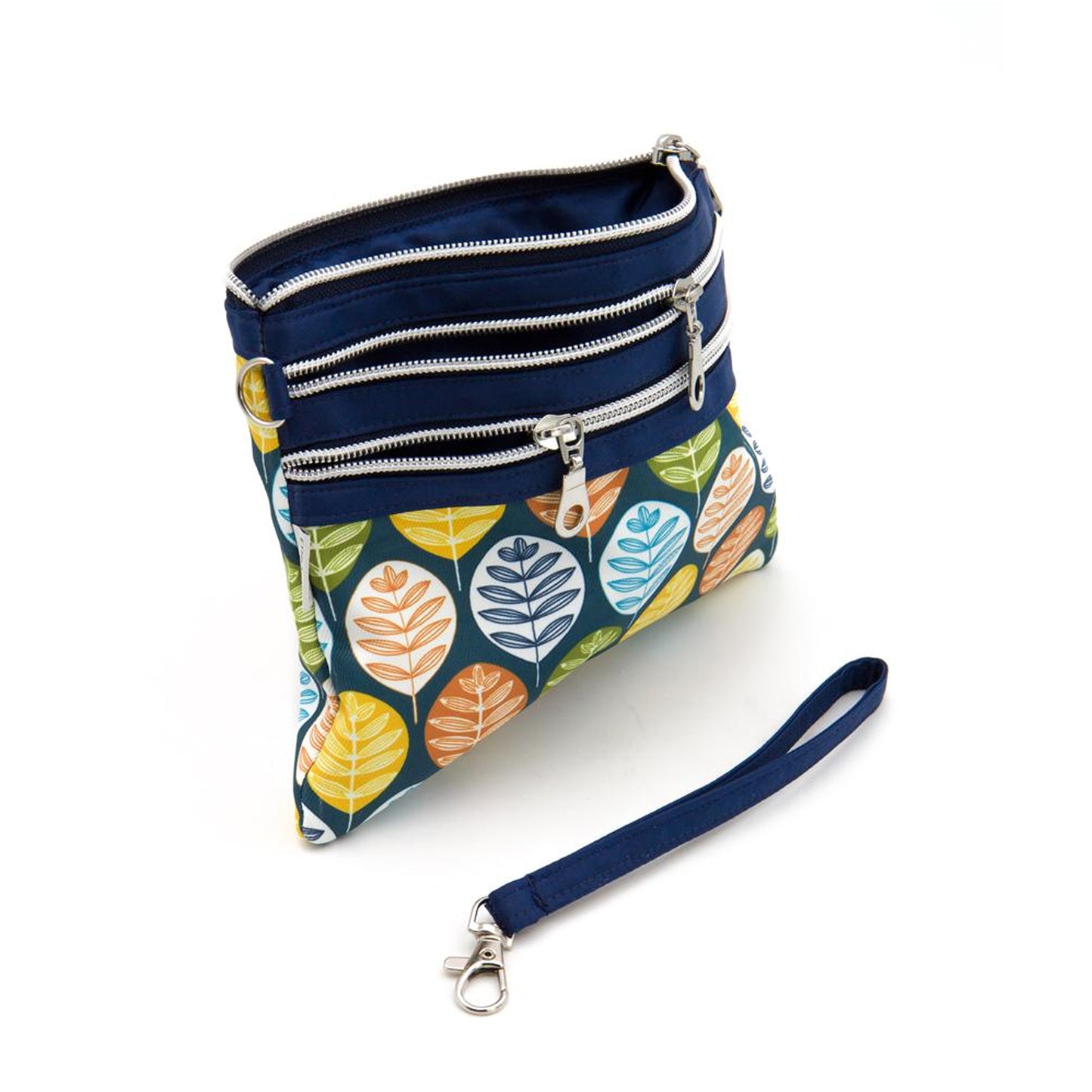 Interno foderato pochette tre scomparti zip foglie multicolore
