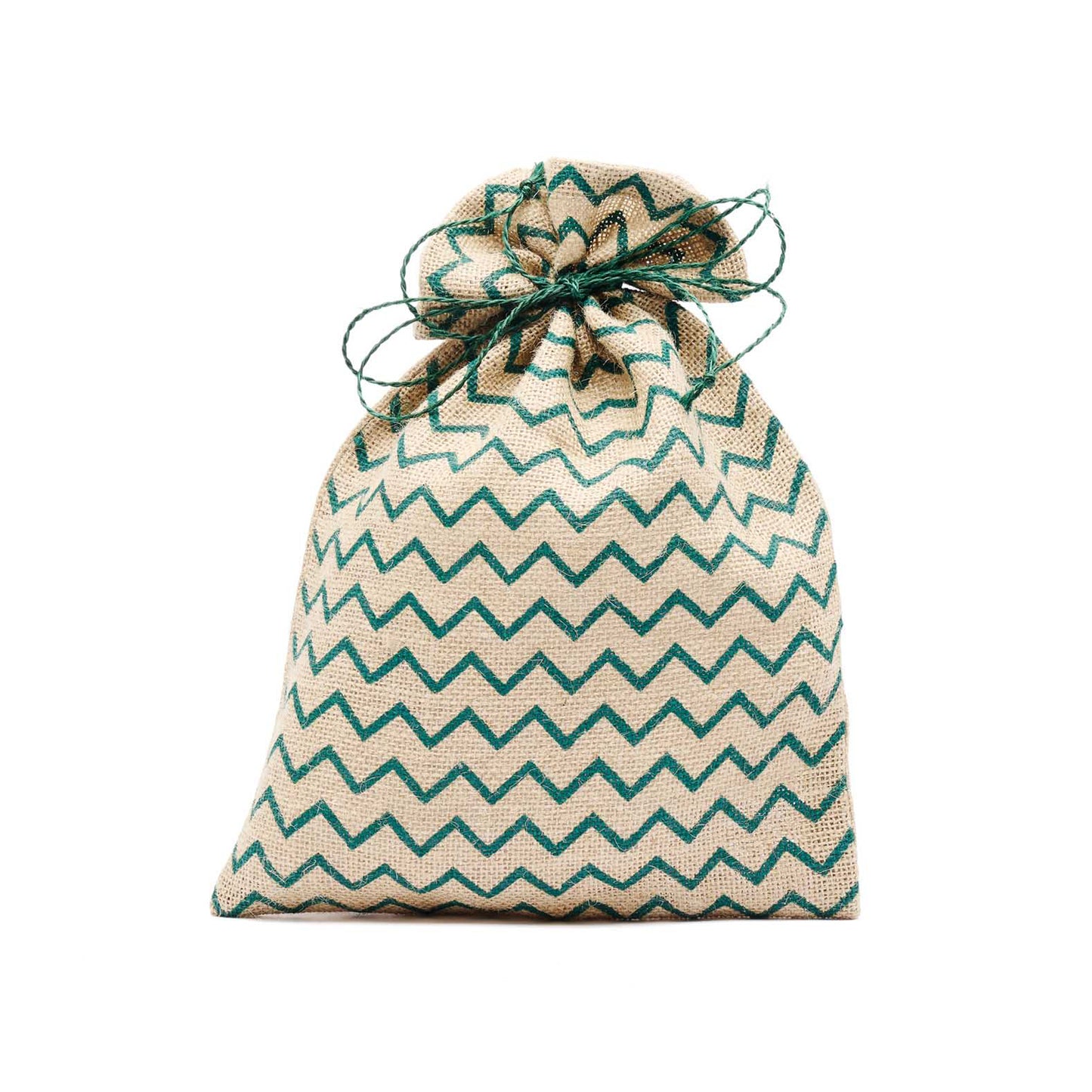 Sacchetto in jutacon decoro a zig zag merde. Realizzato dalle donne di CORR in Bangladesh. Elegante, riutilizzabile e sostenibile.
