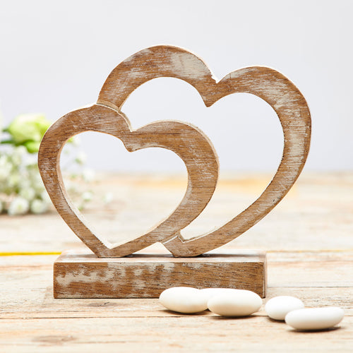 SCULTURA DUE CUORI IN LEGNO EFFETTO SHABBY | COD 3645
