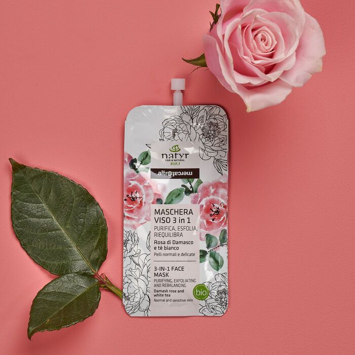 maschera viso 3 in 1 alla rosa di damasco biologica