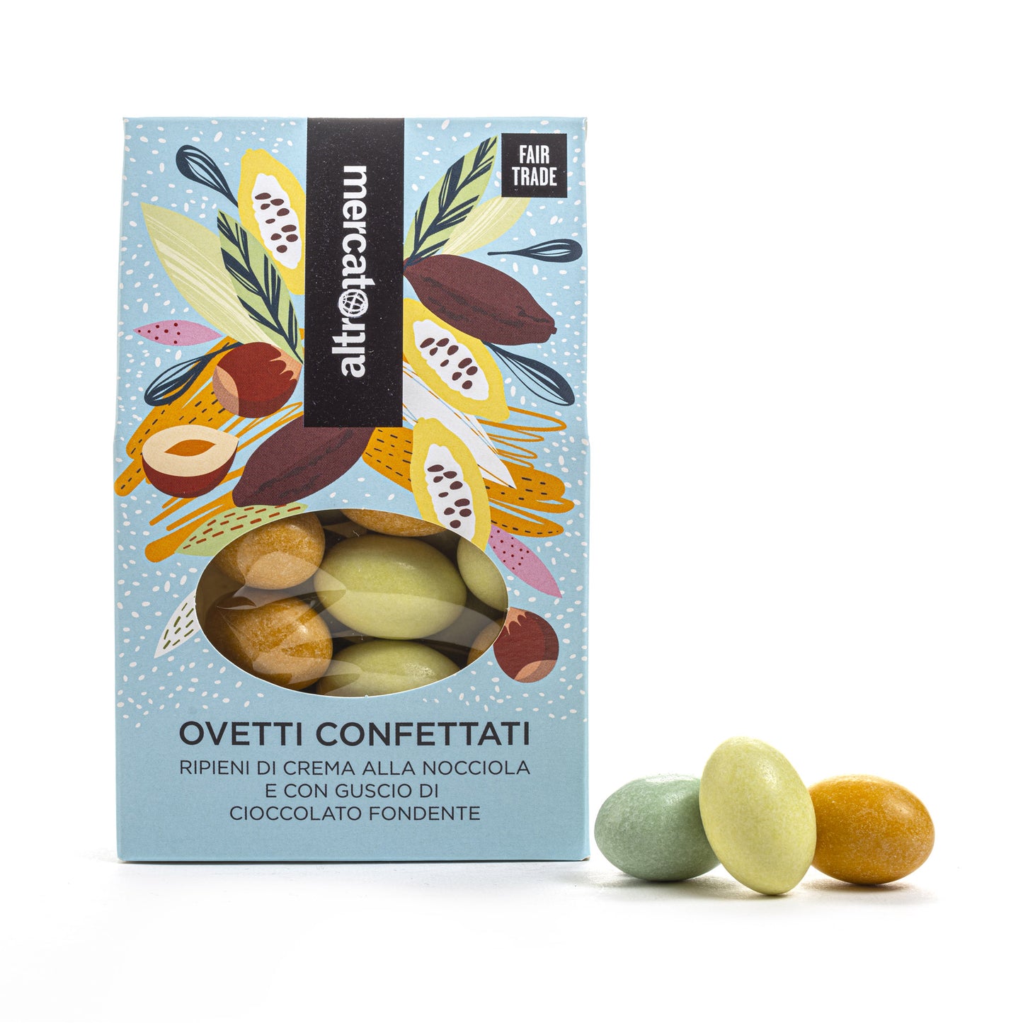 ovetti pasquali confettati ripieni alla nocciola e guscio cioccolato fondente Altromercato