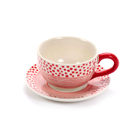 TAZZA TE' DOT-STRIPES ROSSO C/PIATTINO, CERAMICA  | COD 6982