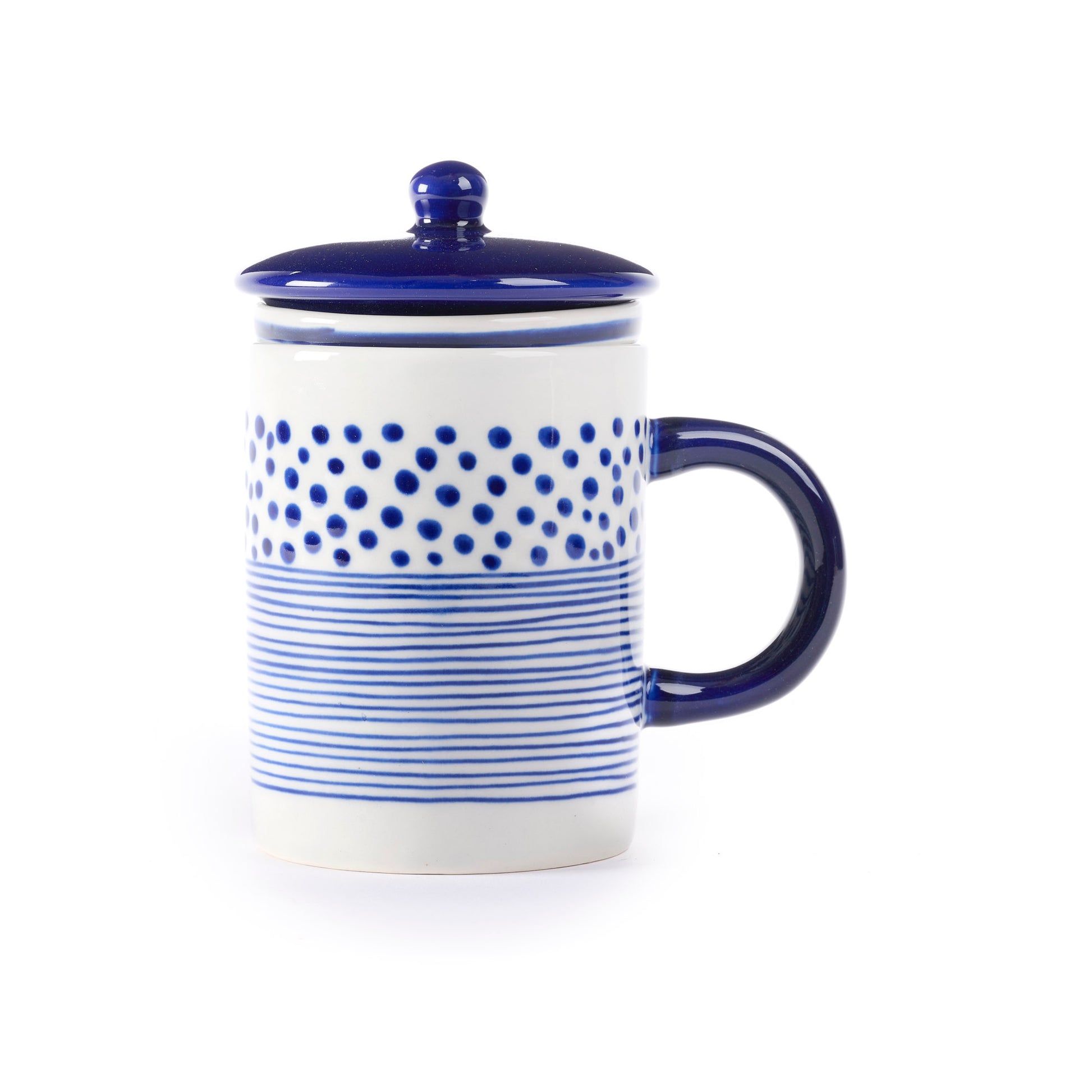 Tisaniera in ceramica con filtro DOT-STRIPES blu – tazza per tisana artigianale equosolidale