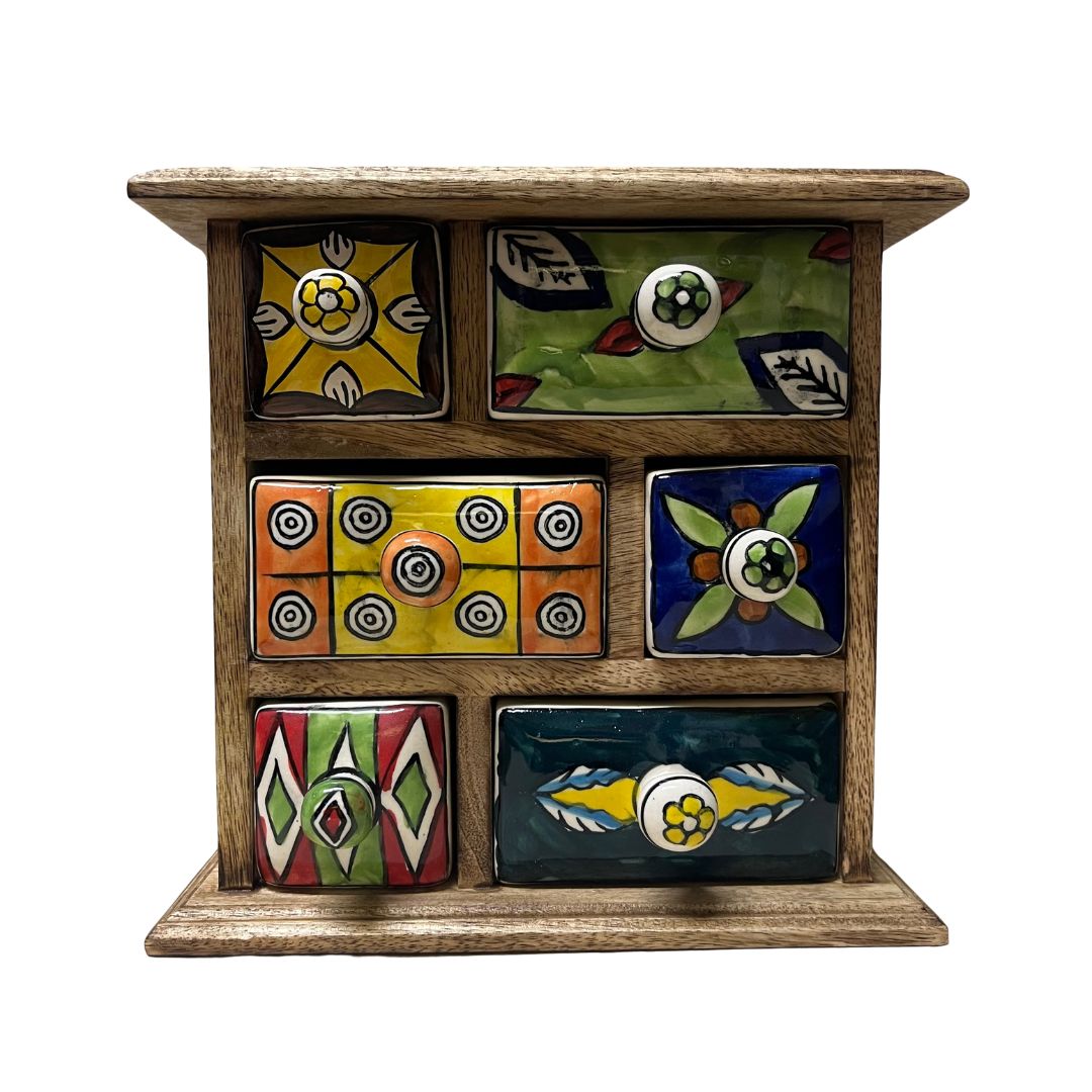 Cassettiera portagioie in legno di mango 6 cassettini &nbsp;| Artigianato indiano&nbsp;