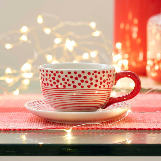 TAZZA TE' DOT-STRIPES ROSSO C/PIATTINO, CERAMICA  | COD 6982