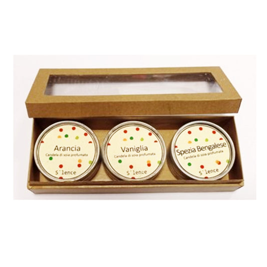 cofanetto regalo con tre candele di soia profumate artigianato indiano solidale