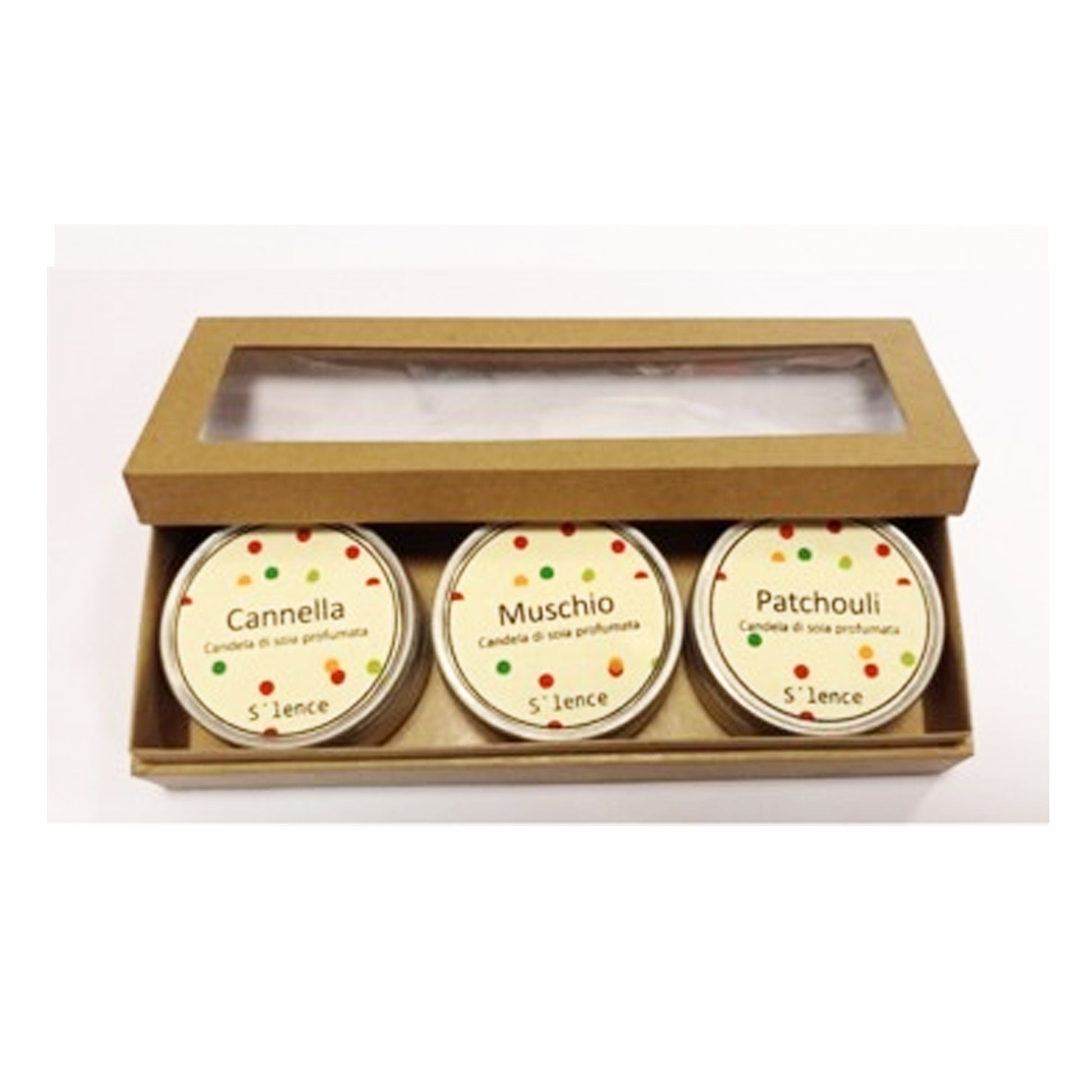 cofanetto 3 candele di soia profumate cannella muschio patchouli artigianato solidale India
