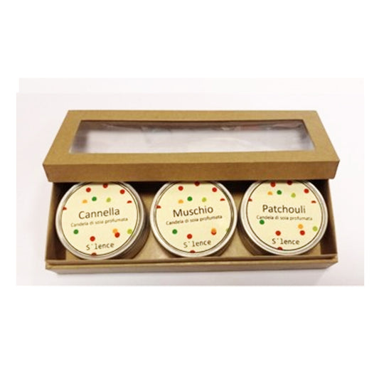 cofanetto 3 candele di soia profumate cannella muschio patchouli artigianato solidale India