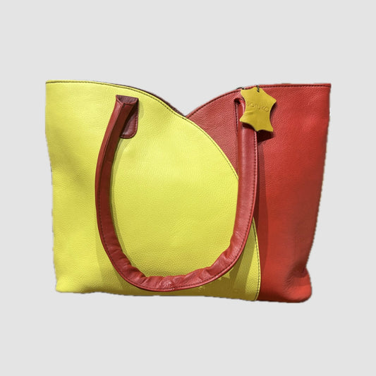 Borsa Valeria a spalla Soruka in pelle recuperata |colori rosso giallo| Artigianato indiano, fronte