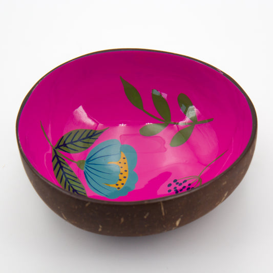 Ciotola in guscio di cocco con decorazione camelia color fucsia. Fatto a mano in Vietnam 