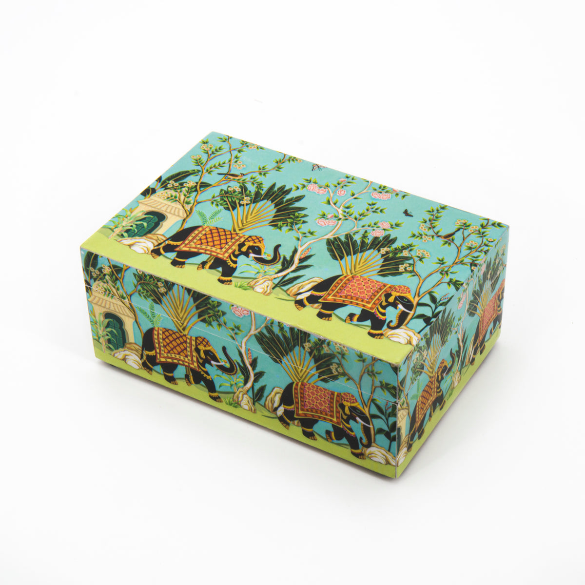 scatola portagioie in legno di mango decorata con elefanti, artigianato equosolidale indiano – Il Sandalo.