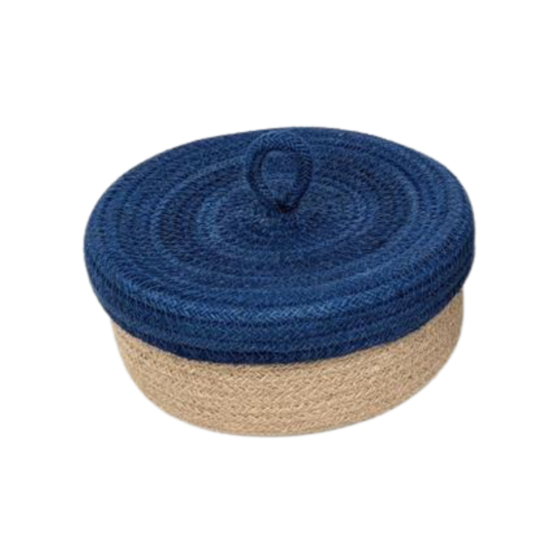 Cesto con coperchio in juta blu – cesto artigianale equosolidale in fibra naturale