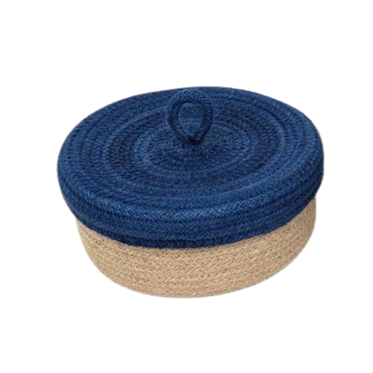 Cesto con coperchio in juta blu – cesto artigianale equosolidale in fibra naturale