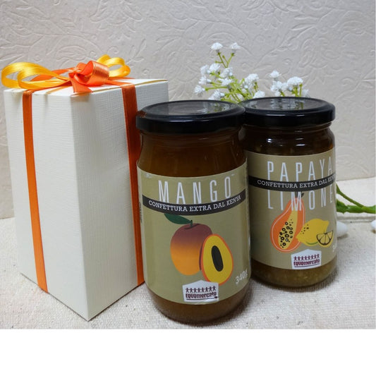 bomboniera solidale alimentare equosolidale con marmellate di mango e papaya di Meru Herbs Kenya