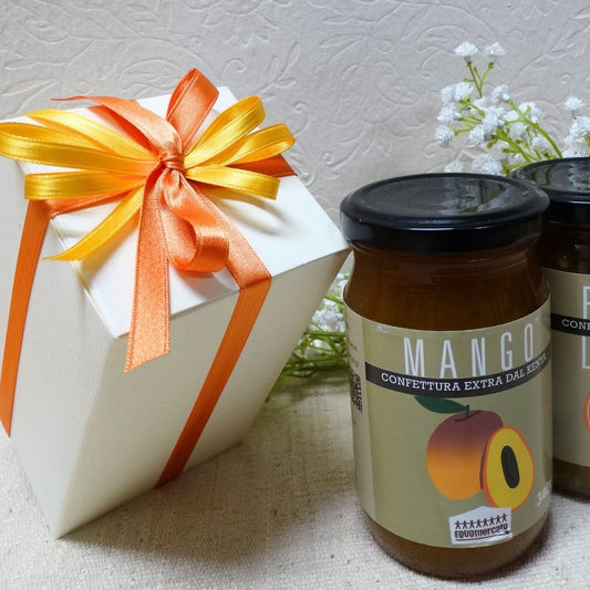 particolare della confezione di bomboniera gastronomica equsolidale con marmellate eostiche dal Kenya