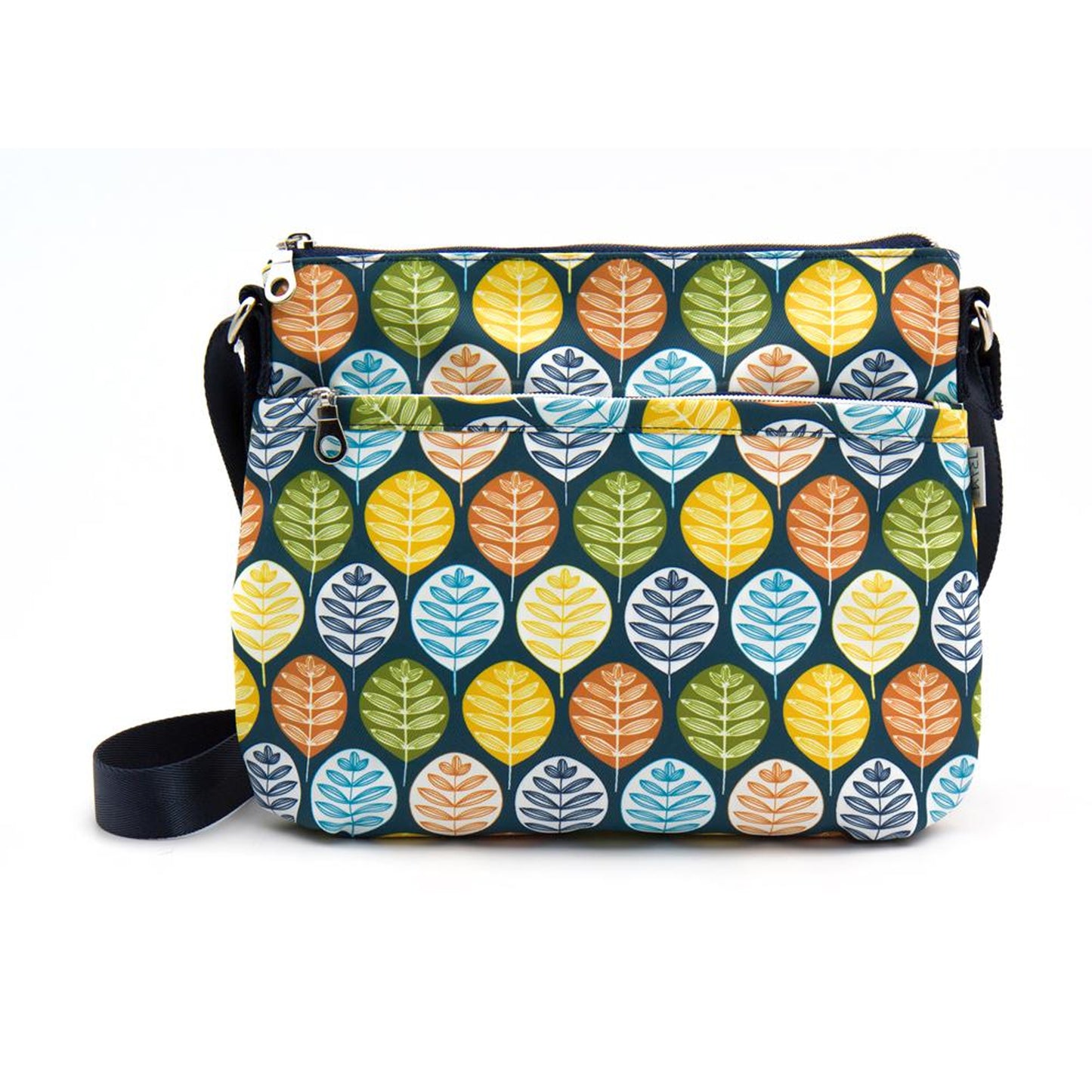 Borsa messenger artigianale blu con stampa foglie multicolore – equosolidale Vietnam