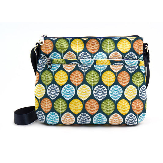 Borsa messenger artigianale blu con stampa foglie multicolore – equosolidale Vietnam