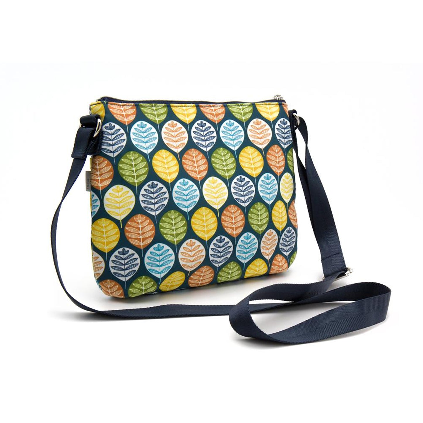 Borsa messenger artigianale blu con stampa foglie multicolore – equosolidale Vietnam
