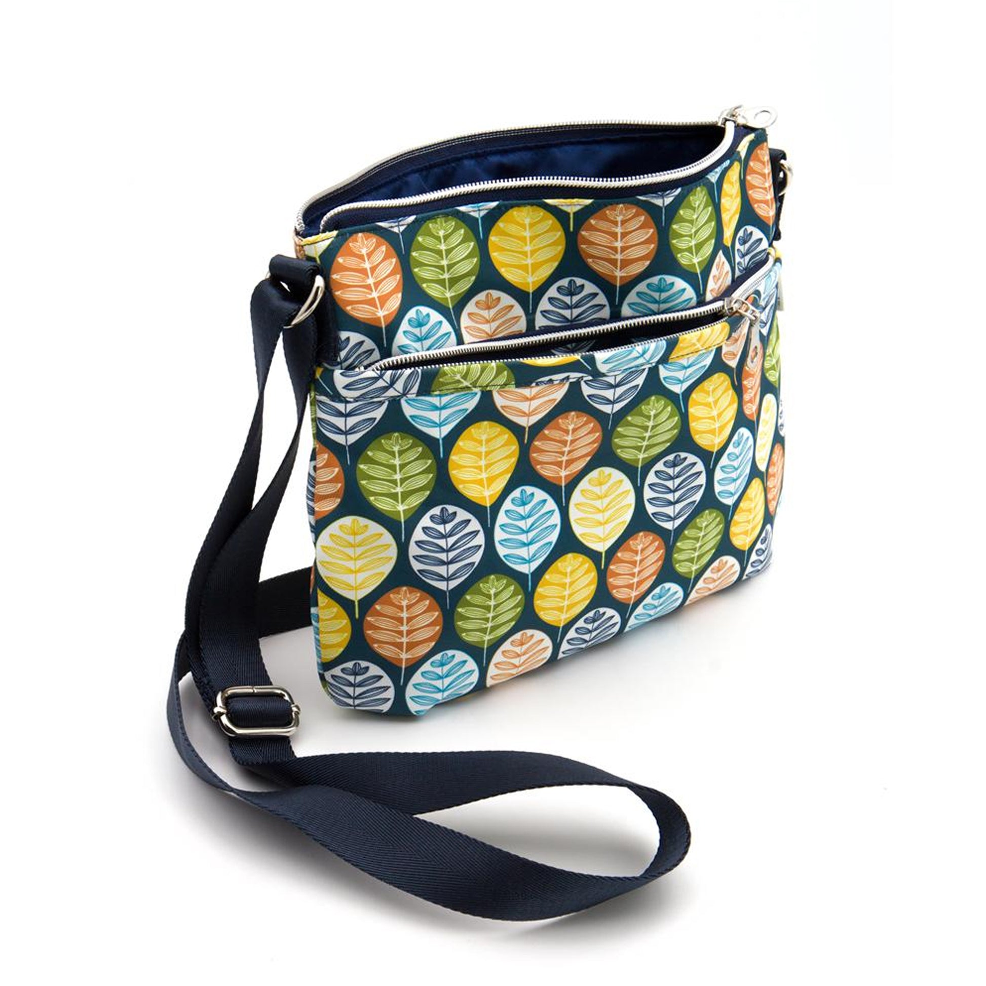 Borsa messenger artigianale blu con stampa foglie multicolore – equosolidale Vietnam