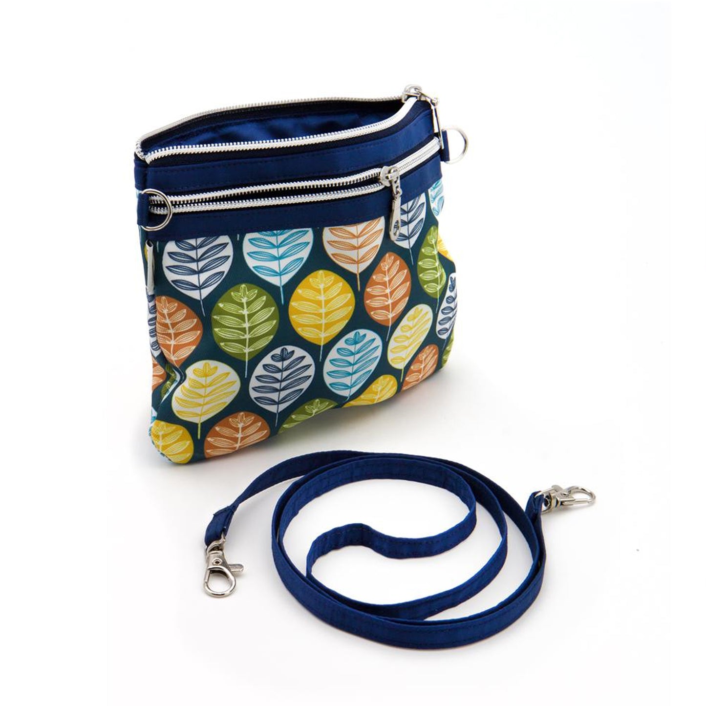 Interno pochette due tasche zip foglie multicolore artigianato Vietnam