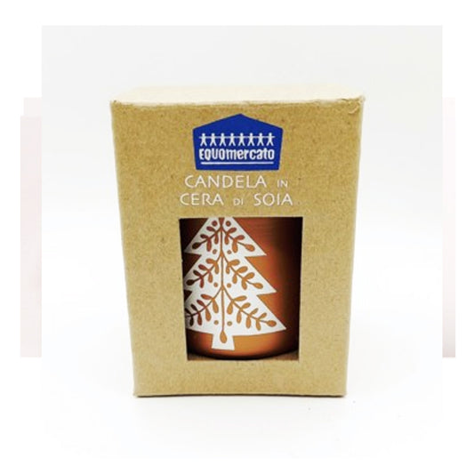 candela di soia in vaso terracotta con alberello Regalo solidale di Natale India
