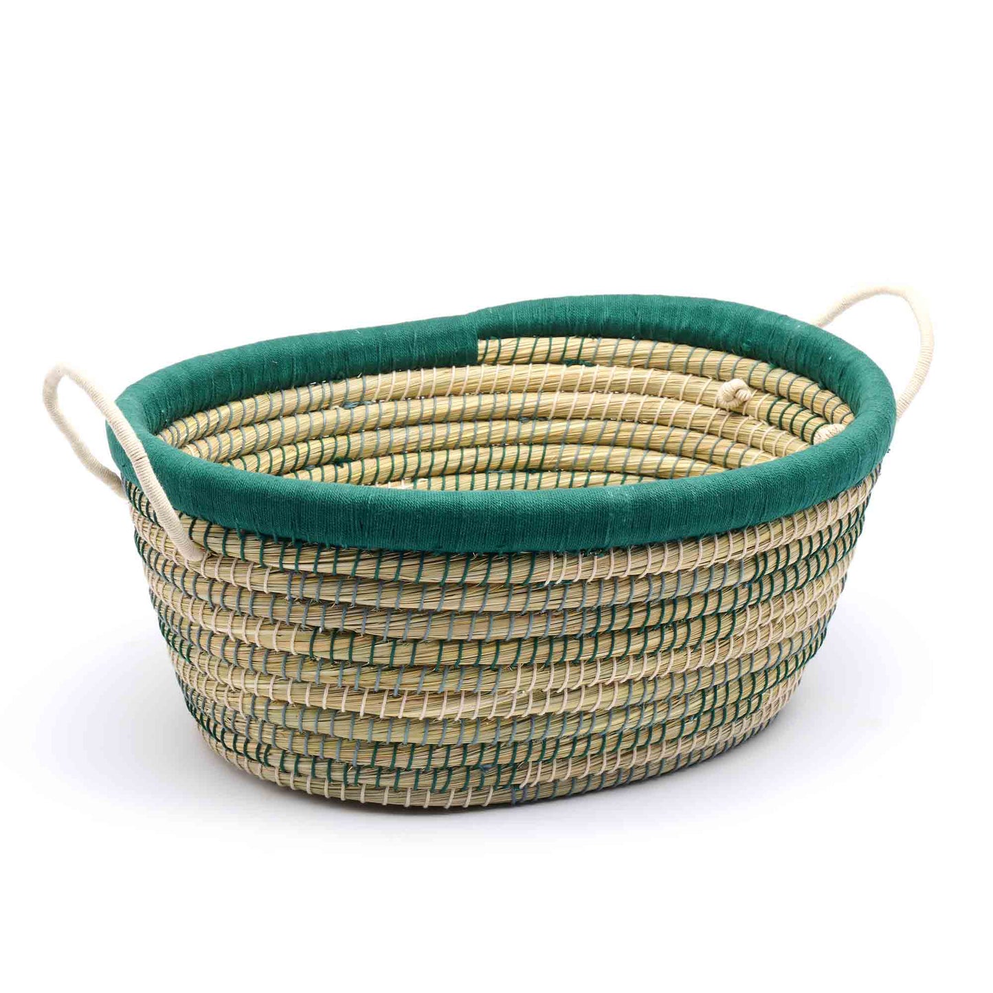 Cesto ovale alto in fibra naturale di kaisa intrecciata a mano con manici, realizzato da CORR in Bangladesh – artigianato equosolidale