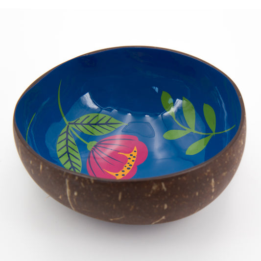 Ciotola in guscio di cocco con decorazione camelia color blu. un regalo solidale