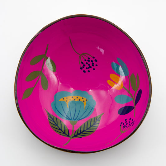 Interno ciotola in guscio di cocco con decorazione camelia color fucsia. Fatto a mano in Vietnam 