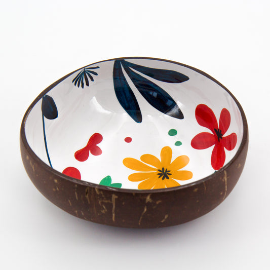 ciotola in cocco con fiori della primavera dipinta a mano da artigiani di Craft Link Vietnam