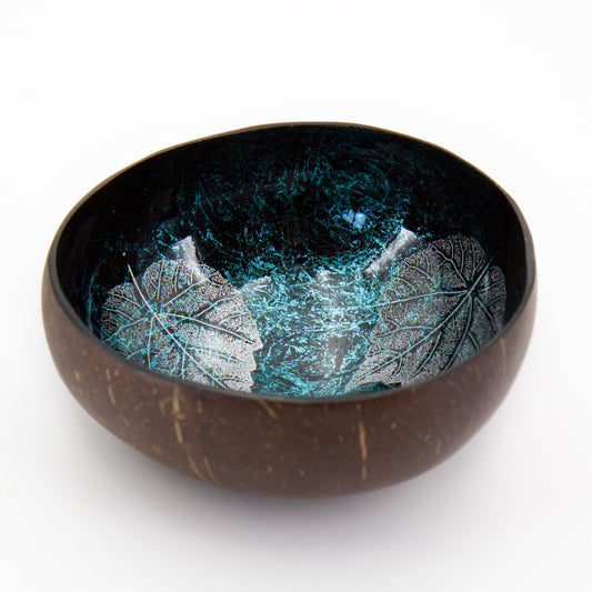 ciotola in cocco con decorazione  foglie fatta a  mano color turchese in Vietnam 