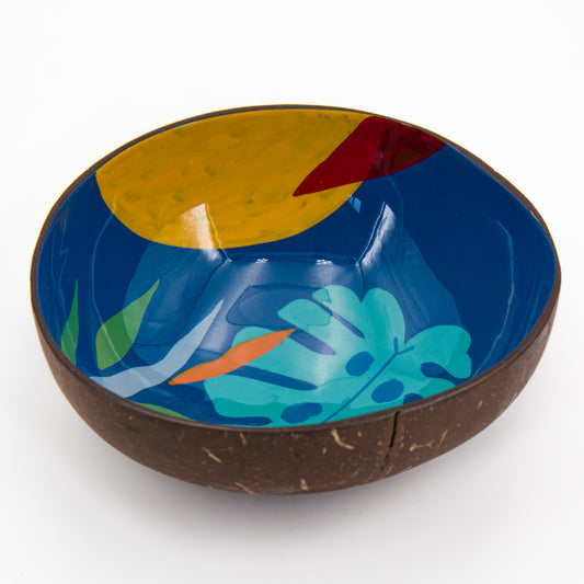 ciotola Monstera azzurra di guscio di cocco decorata a mano da Craft Link Vietnam. per un regalo veramente solidale