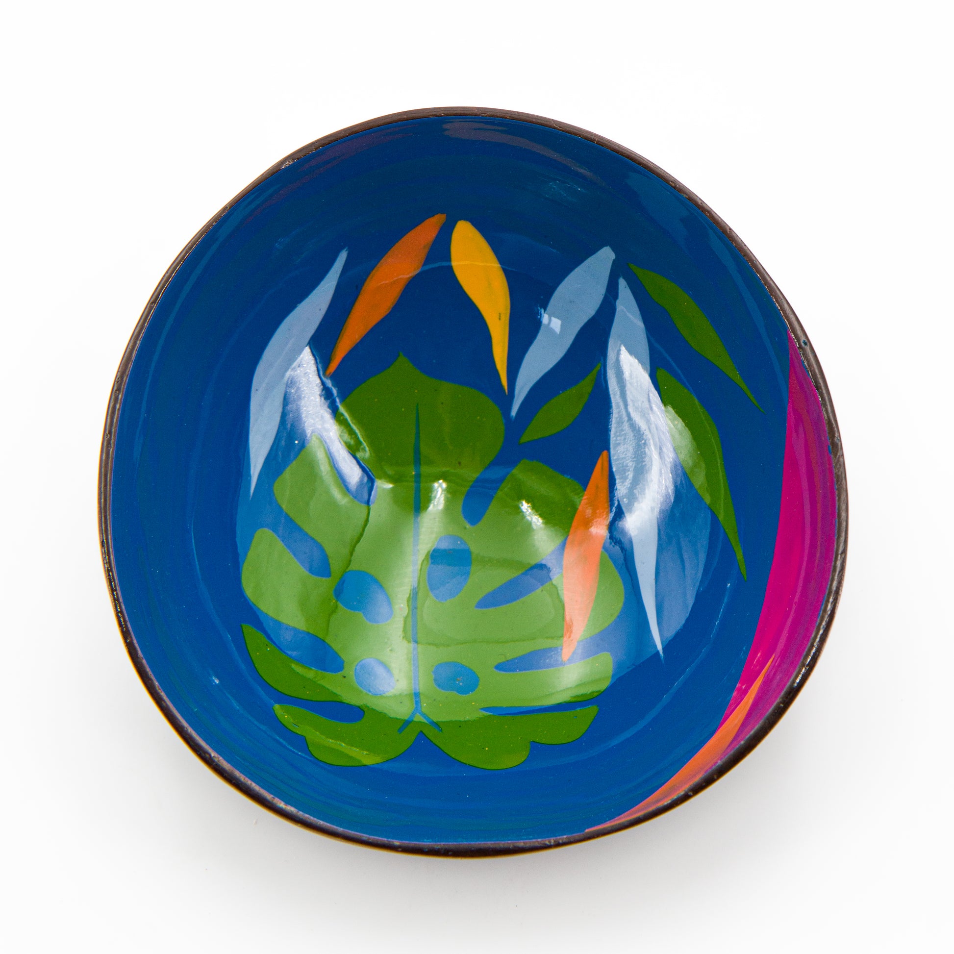 Interno ciotola Monstera azzurra di guscio di cocco decorata a mano da Craft Link Vietnam. per un regalo veramente solidale