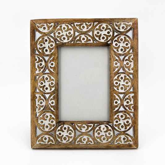 corice portafoto legno mando intarsiato motivo fiore di artigiani indiani commercio equo