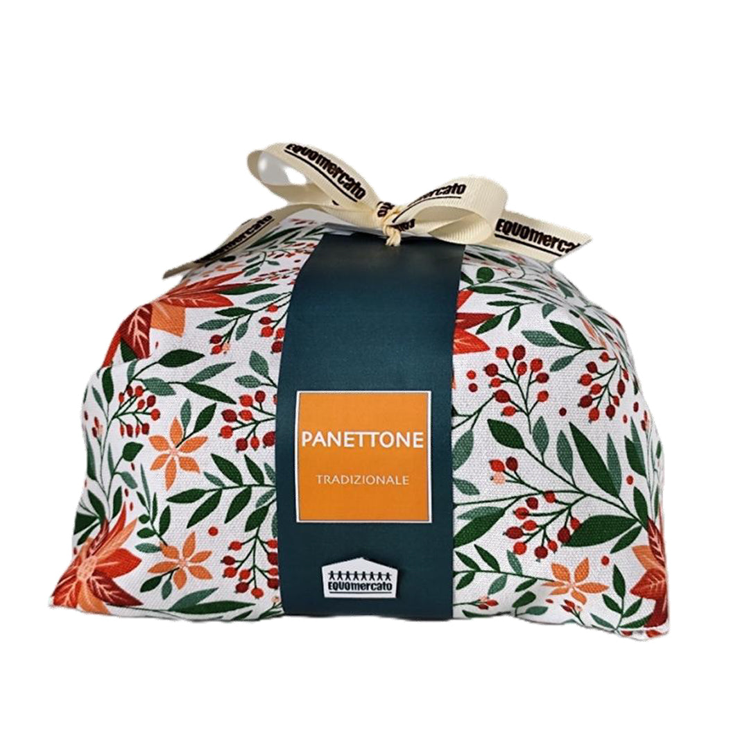 Panettone classico eqosolidale confezionato in canovaccio da cucina India