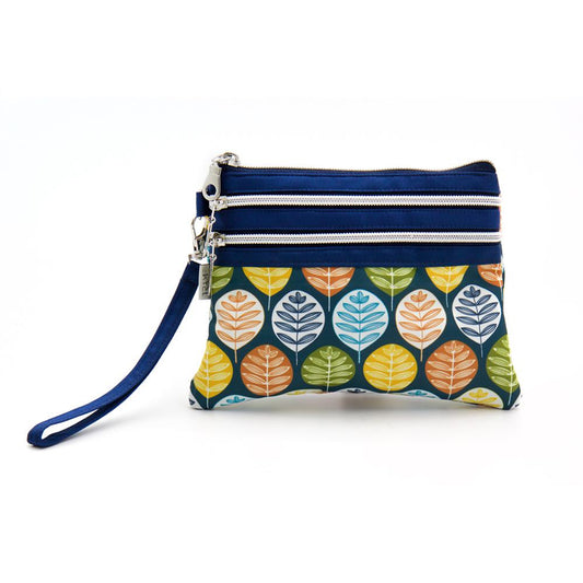 Pochette impermeabile blu stampa foglie multicolore – tre tasche zip – Artigianato Vietnam