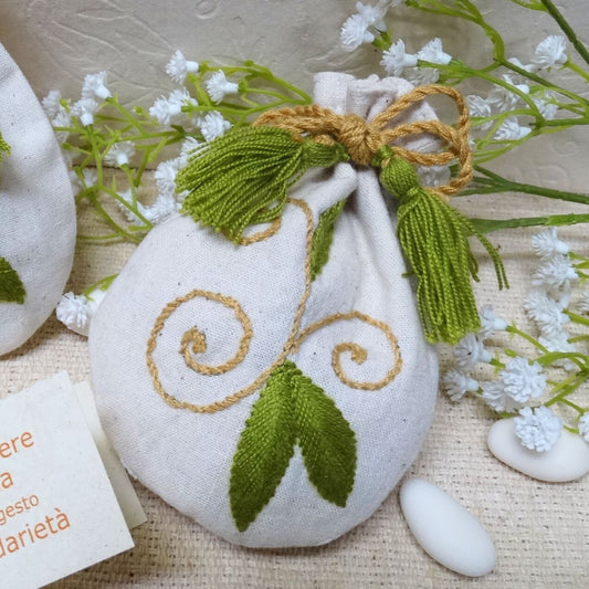 portaconfetti solidale per bomboniera matrimonio comunione battesimo decoro natura ricamato a mano