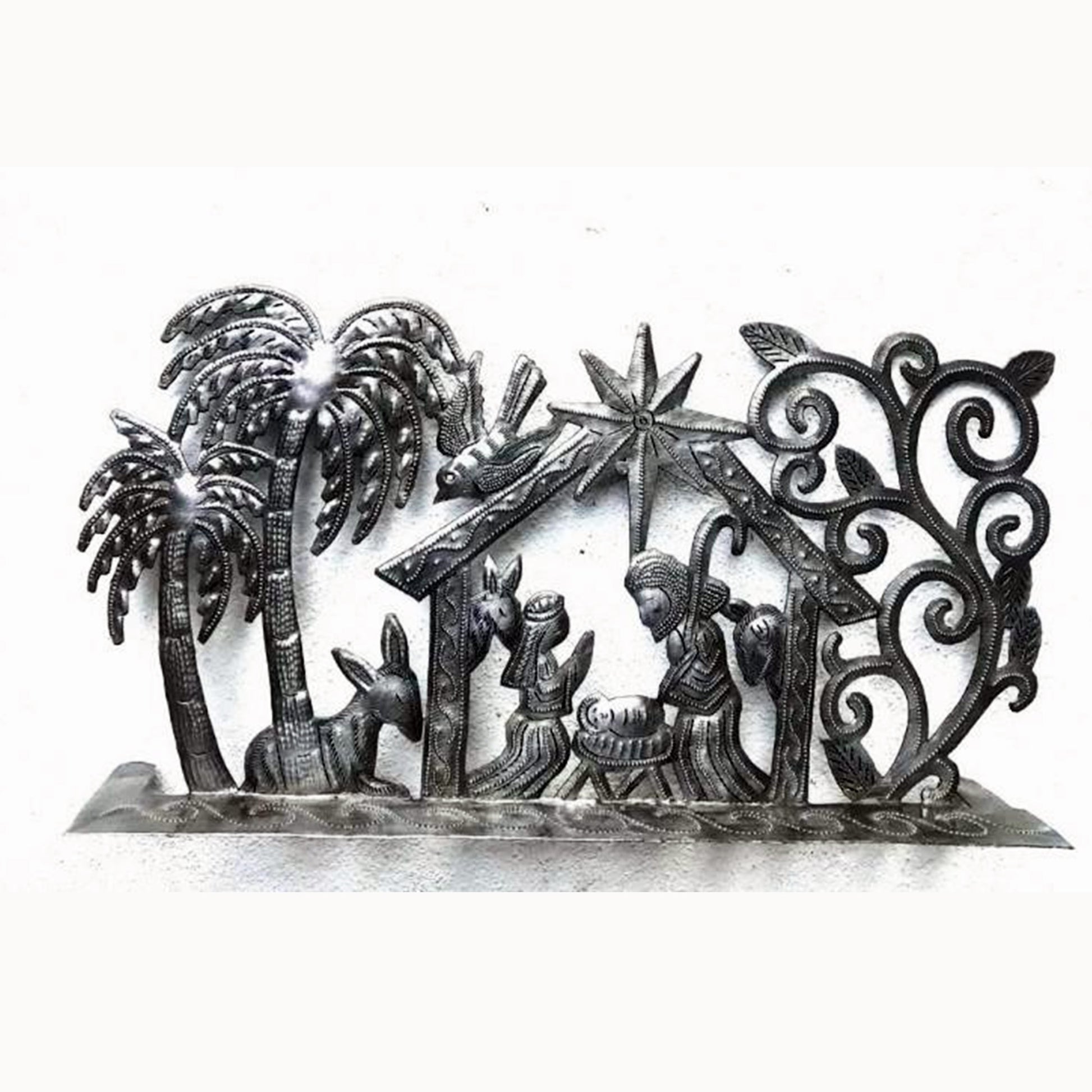 presepe in ferro battuto artigianato equosolidale Haiti natività con palme. Da appoggiare
