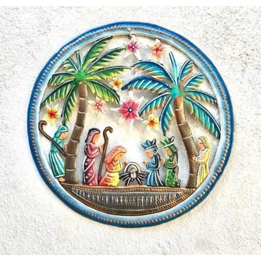 Presepe natività con palme colorato in ferro batturo artigianato di Haiti equosolidale