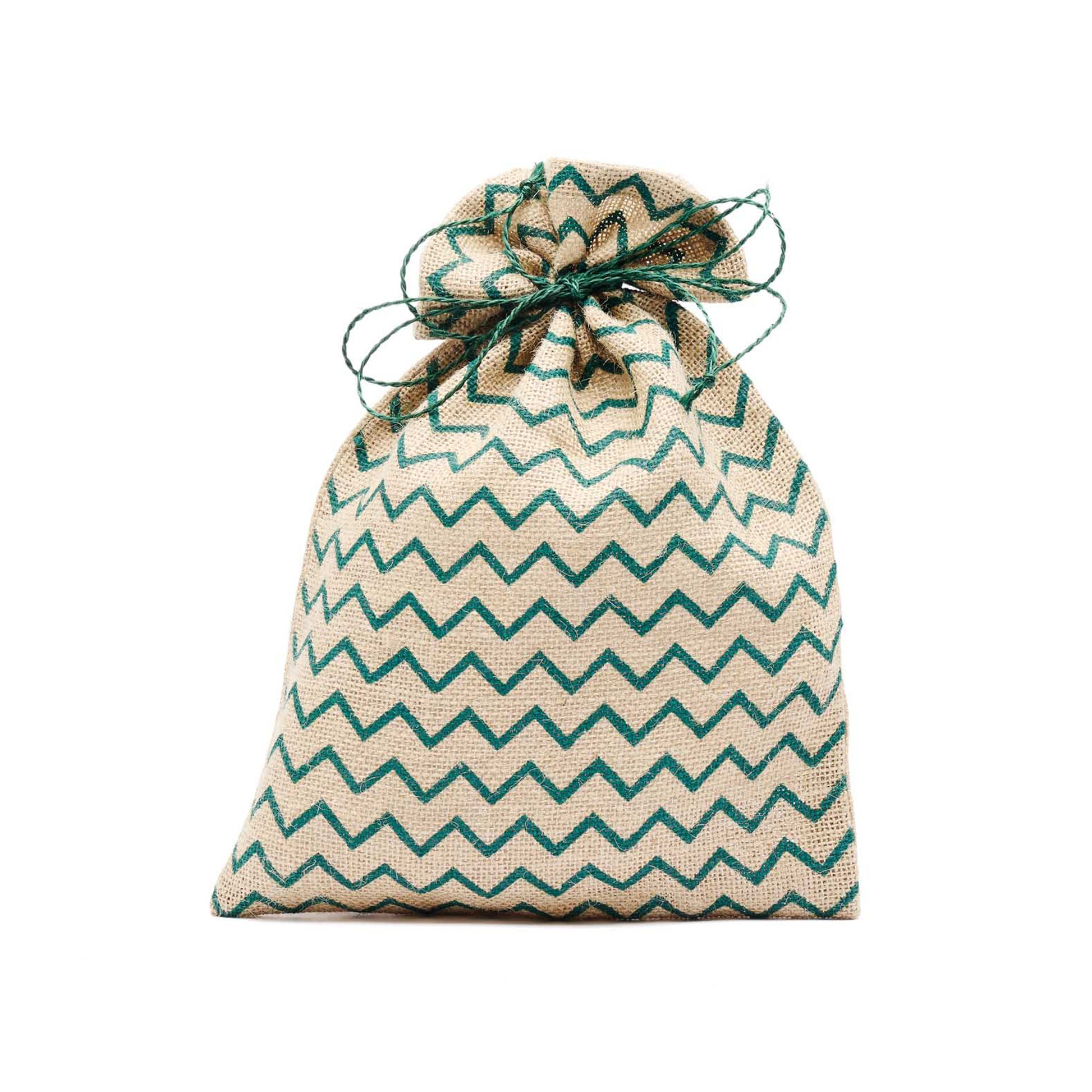 Sacchetto in jutacon decoro a zig zag merde. Realizzato dalle donne di CORR in Bangladesh. Elegante, riutilizzabile e sostenibile.