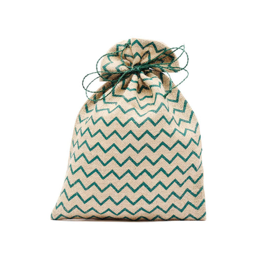 Sacchetto in jutacon decoro a zig zag merde. Realizzato dalle donne di CORR in Bangladesh. Elegante, riutilizzabile e sostenibile.