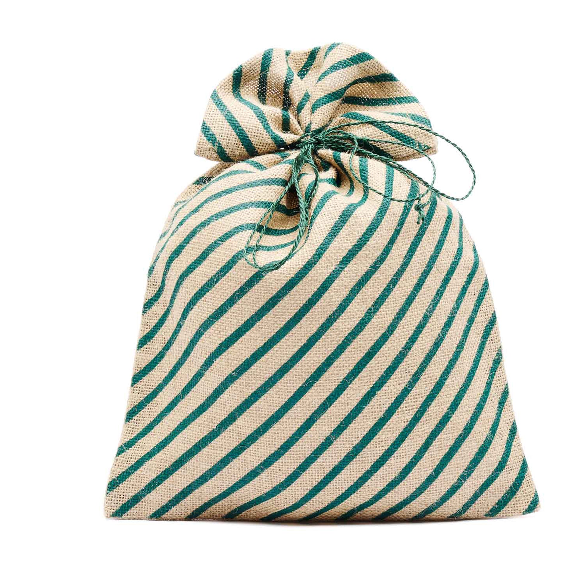 Sacchetto grande in juta con righe diagonali verdi. Realizzato dalle donne di CORR in Bangladesh. Elegante, riutilizzabile e sostenibile.