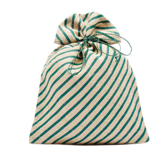 Sacchetto grande in juta con righe diagonali verdi. Realizzato dalle donne di CORR in Bangladesh. Elegante, riutilizzabile e sostenibile.